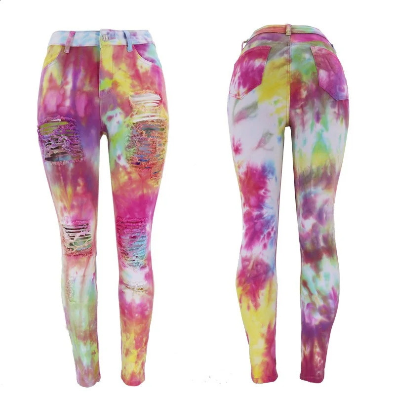 Womens Wash Light Leggings Color Dye Printing Two Color Gradient Tie Dye Denim Pants Woman Hipster Baggy Trousers Ropa De Mujer 240821