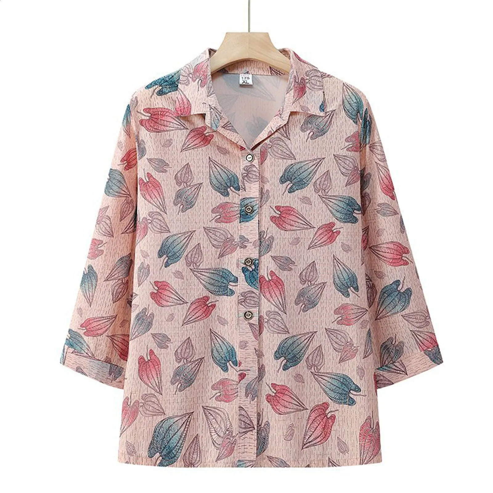 Autumn Bohemian style womens chiffon shirt retro leaf print lapel long sleeved top 240822