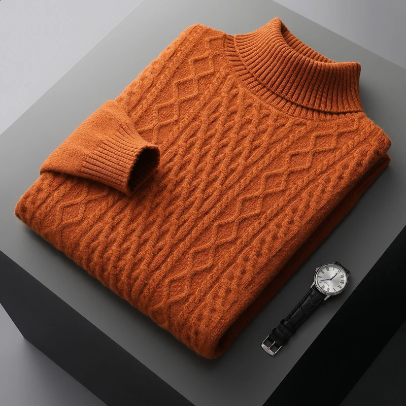 Mens 100% wool and cashmere sweater for autumn and winter turtle neck knit zipper thick plus size bottom fashionable and warm top 240829