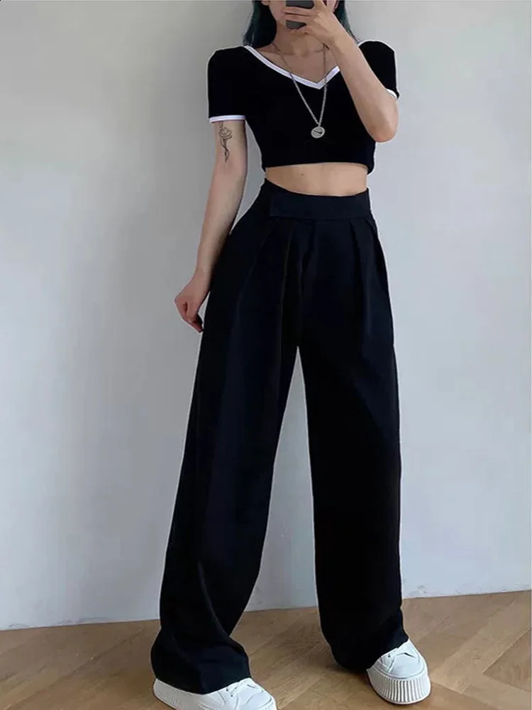 Wide Leg Women Classic Suit Pants Vintage Palazzo Office Elegant Casual Black Trousers Female High Wasit Pants 240821