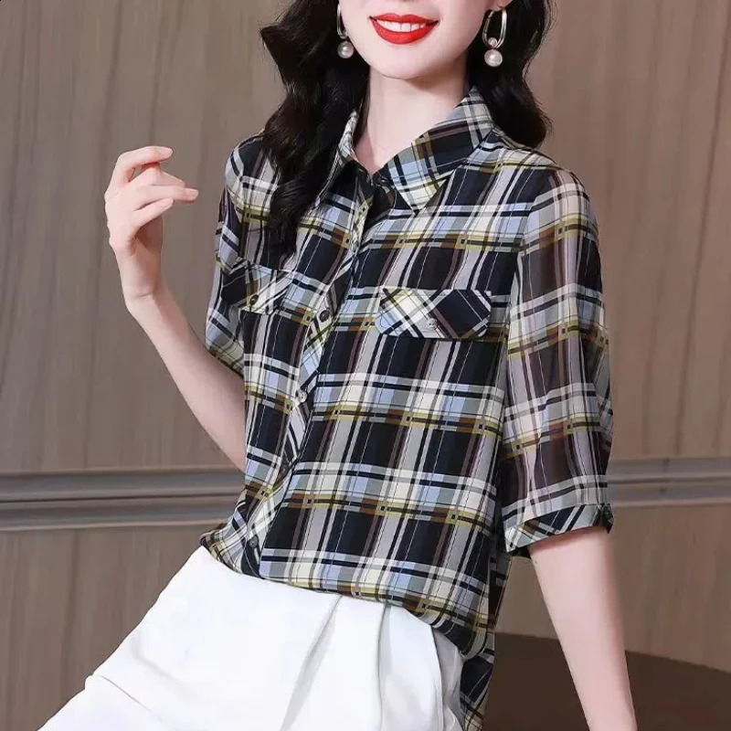 Womens clothing Spring and Autumn chiffon long sleeved buttoned checkered contrasting color cardigan jacket elegant Korean style top 240822