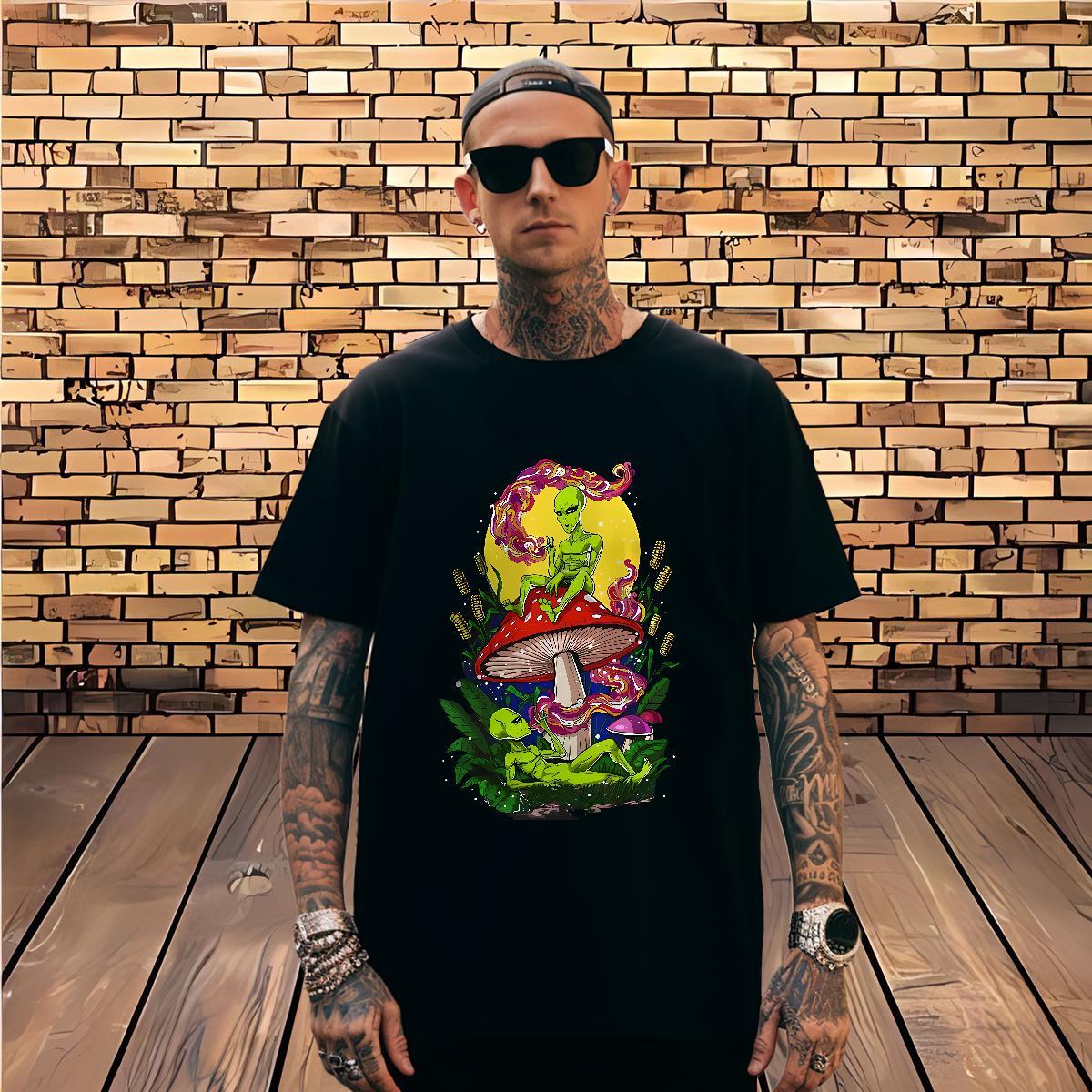 Cool Design mushroom T Shirts Men Casual Beach Men Clothes T-Shirt 100% Cotton 230g Classic Casual Crew Neck Skull Tshirts