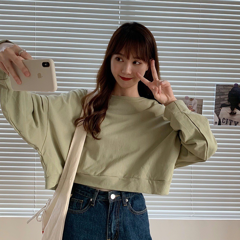 Solid color short hoodie for women Spring and Autumn season new Korean version loose fit slimming thin jacket long sleeved top dongdumaoyi