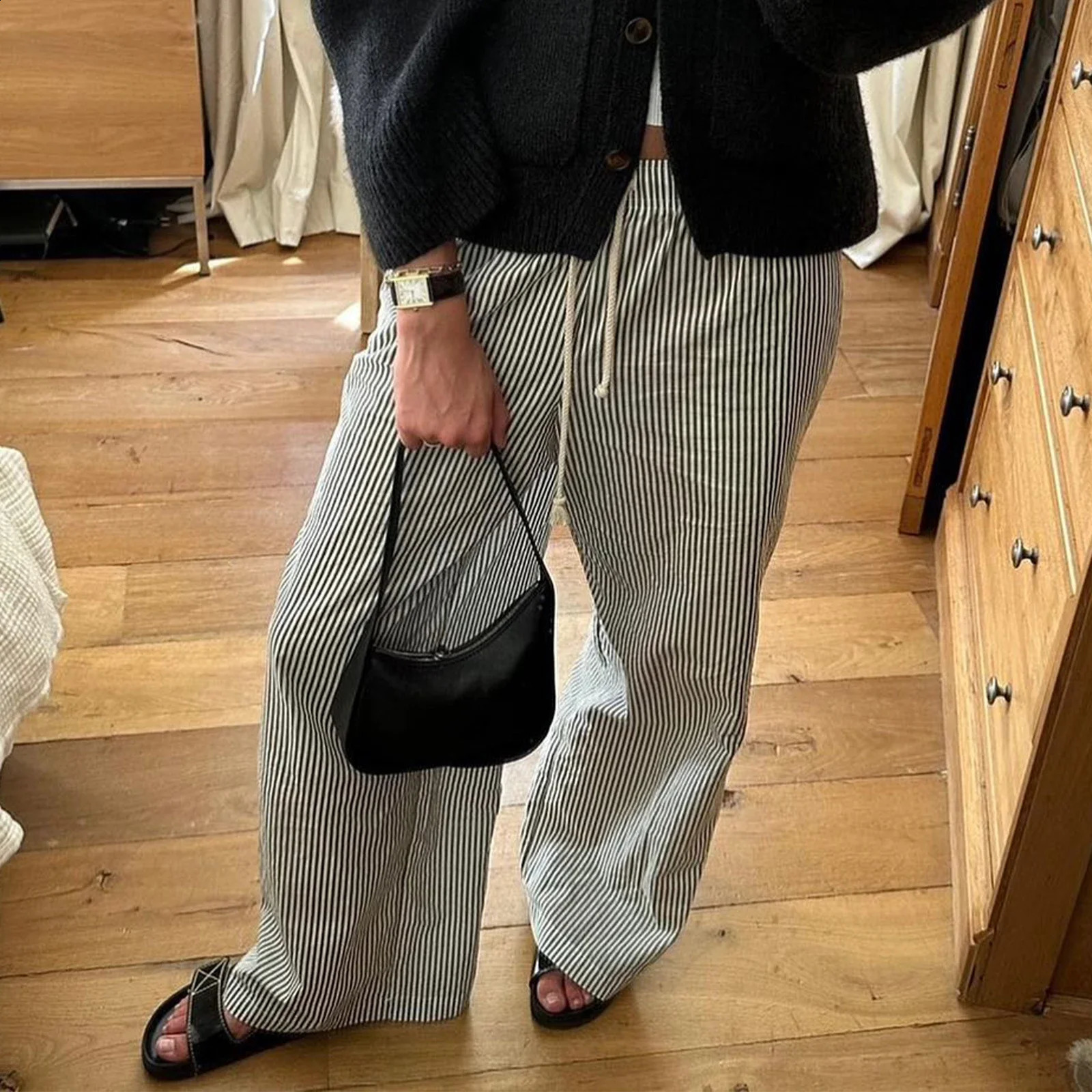 Combhasaki Women Y2K Aesthetic Wide-Leg Pants Stripe Drawstring High Elastic Waist Trousers Spring Fall Retro Sweatpants Bottoms 240821