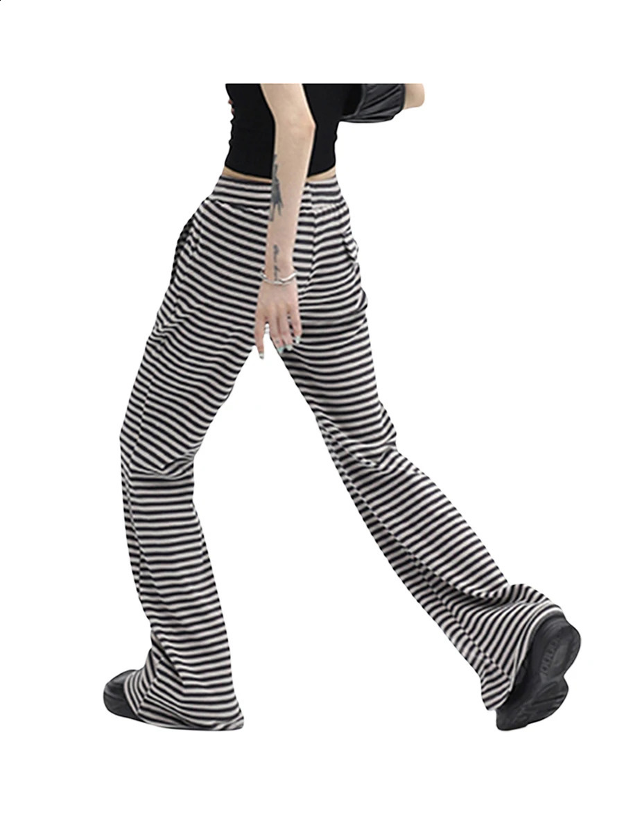 Women Y2k Drawstring Straight Leg Pants Vintage Low Rise Striped Print Knitted Pant Wide Leg Lounge Pj Pant Bottom 240821