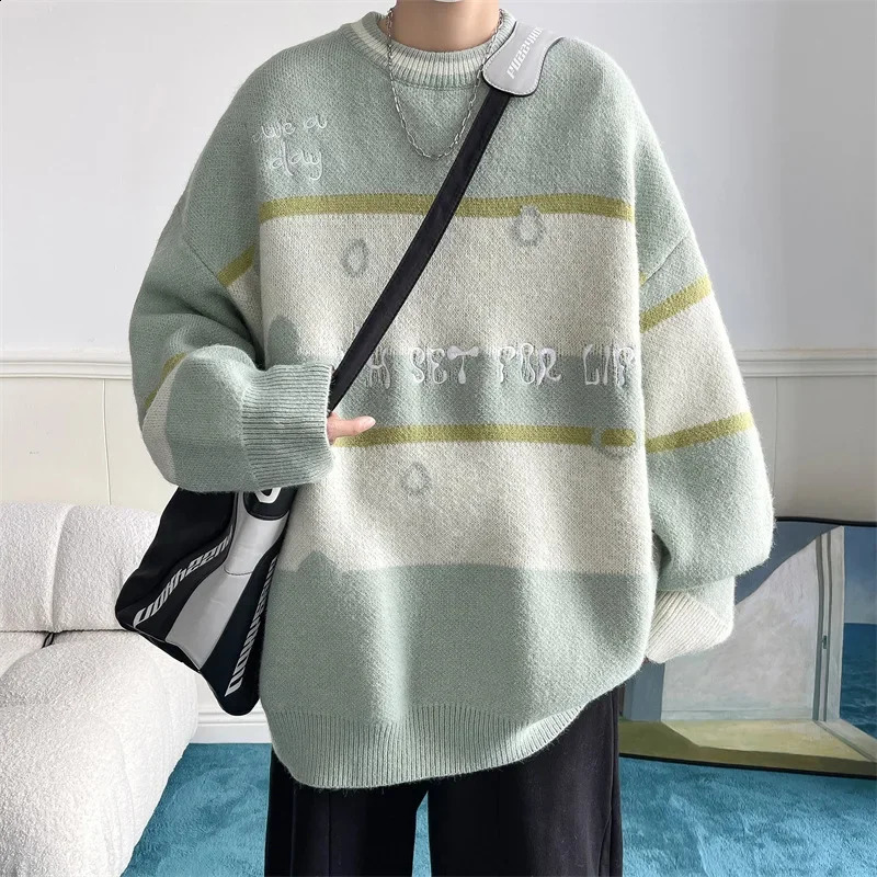 Contrasting Stripe Sweater Mens Autumn/Winter Korean Slouchy Style Large Loose Laydown Round Neck Knit 240821