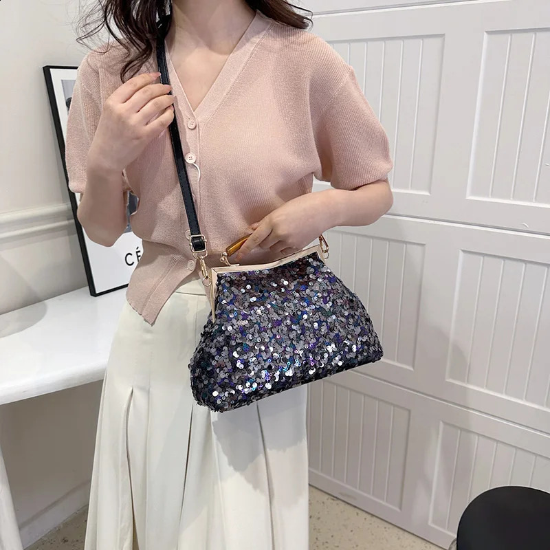 Fashion Women Evening Clutch Metal Glitter Sequin Purple Gold Chain Shoulder Bags Wedding Prom Handbags 240822