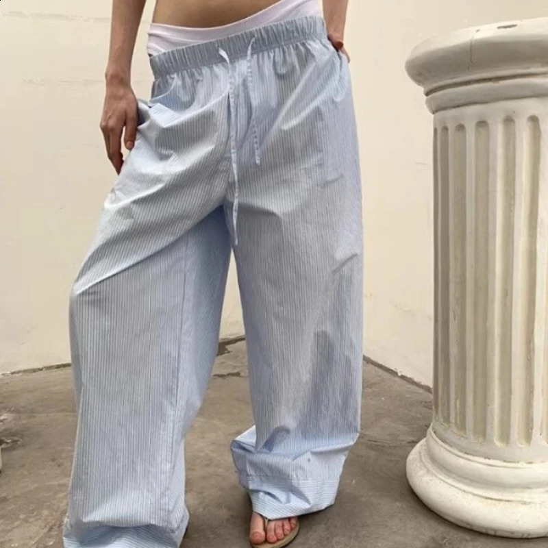 QWEEK Oversized Y2k Striped Womans Pants Baggy Harajuku Old Money Casual Basic Trousers Korean Fashion Wide Leg Elastic Waist 240821