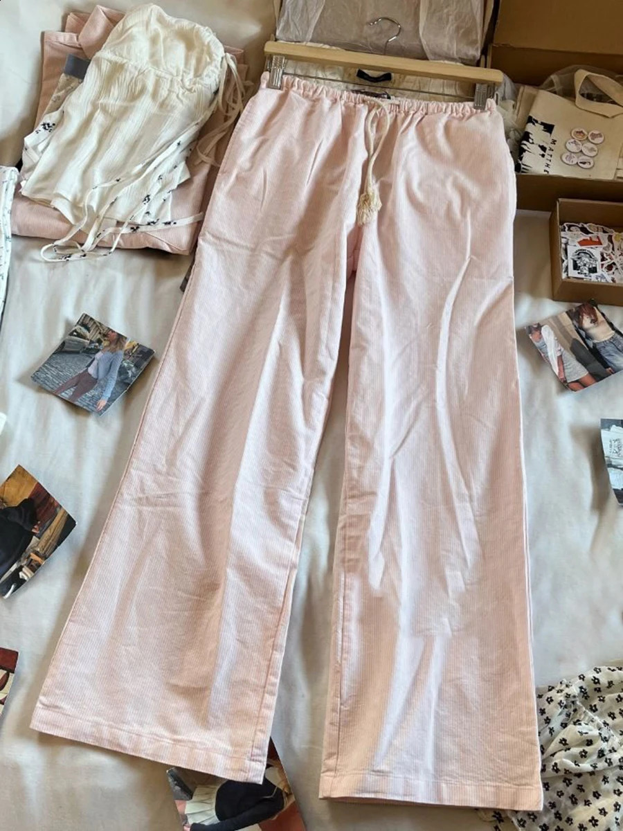 Pink Striped Linen Drawstring Long Pants Women Summer High Waist Casual Straight Pant Y2k Vintage Streetwear Loose Trousers 240821