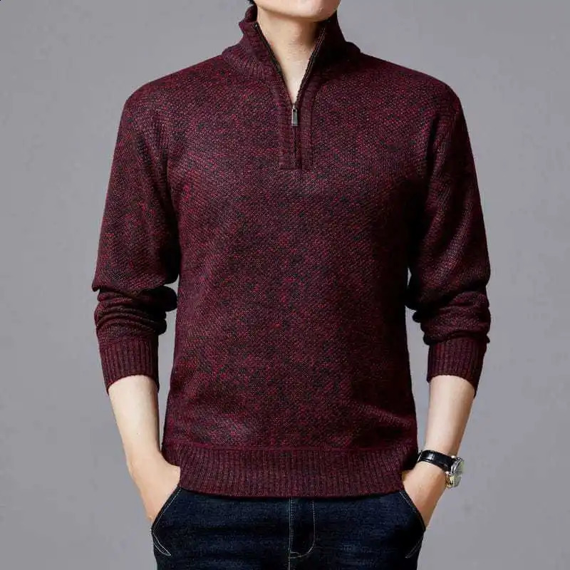 Simple mens autumn thick solid color sweater warm and casual stand up collar knitted floral fashion clothing 240821