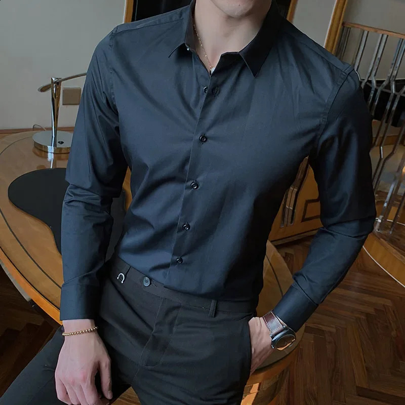 Mens Long Sleeve Regular Fit Business Casual White Dress Shirts 240822
