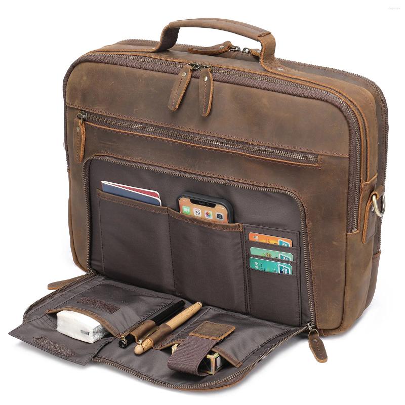 3 Briefcases Retro Crazy Horse Leather Men's Bags Briefcase Genuine Messenger Bag Large Capacity 15.6-Inch Laptop