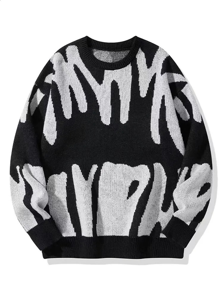 Autumn and Winter Abstract Letter Jacquard Sweater Mens Color Contrasting Round Neck Retro Loose Knitted Sweater 240821