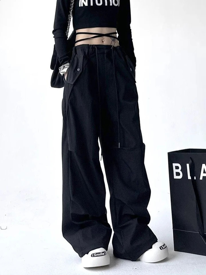 Zoki Y2K Harajuku Cargo Pants Women Streetwear High Waist American Retro Trousers Fall Casual Loose Lace Up Bf Wide Leg Pants 240821
