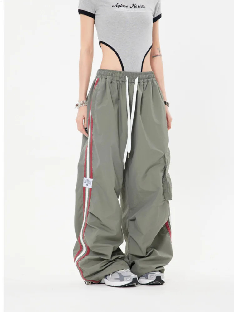 1pc Y2K Harajuku Vintage Hip Hop Street Wide Leg Pocket Side Contrast Stripes Casual Loose Cargo Pants Women 240821