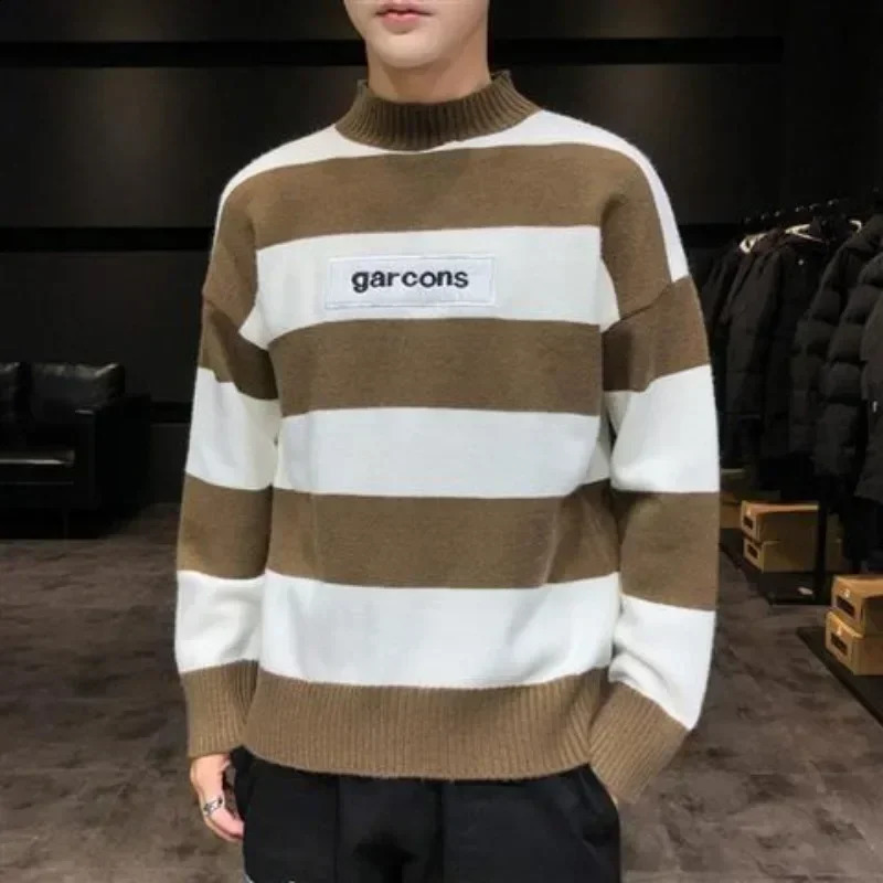 Mens Clothing Turtleneck Knit Sweater Male Pullovers Black High Collar Striped Old Korean Style Fun in Knitwears Loose Fit 240821