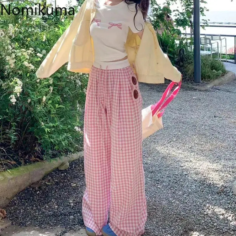Streetwear Summer Joggers Women Wide Leg Pants for Women Fashion Plaid Pantalon Femme Casual Vintage Y2k Trousers Bottoms 240821