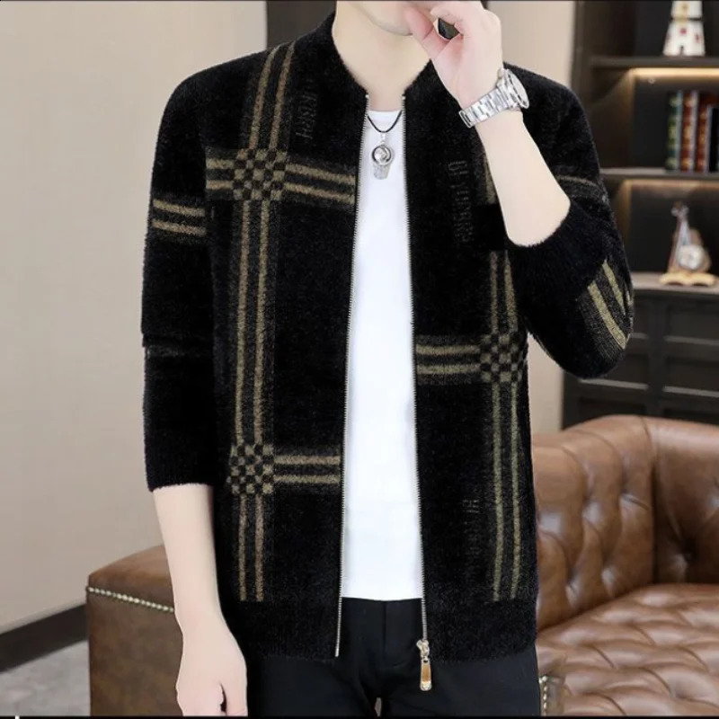 Mens Clothing Temperament Versatile Autumn and Winter Korean Version Fashion Zipper Print Round Neck Long Sleeve Sweater 240821
