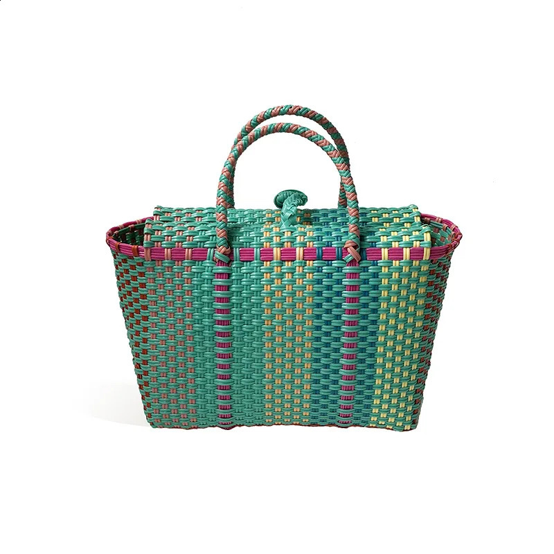 Casual Rattan Basket Women Handbags Wicker Woven Striped Hand Bags Handmade Summer Beach Bag Large Tote Big Bucket Purses 240821