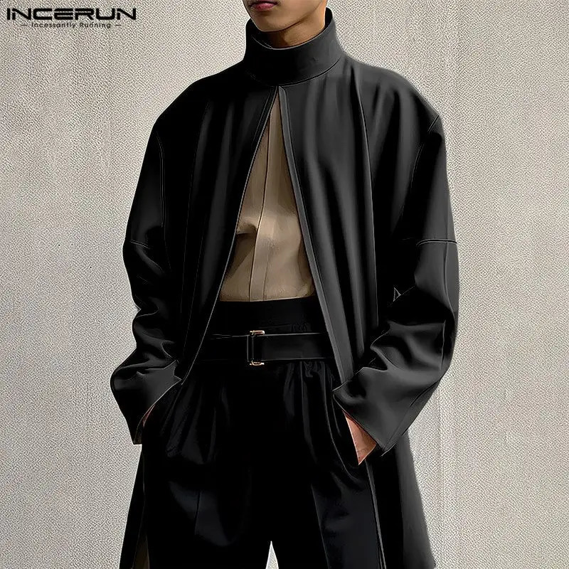 INCERUN Men Cloak Coats Turtleneck Long Sleeve Streetwear Casual Trench Loose Solid Color Open Stitch Fashion Male Ponchos 240822