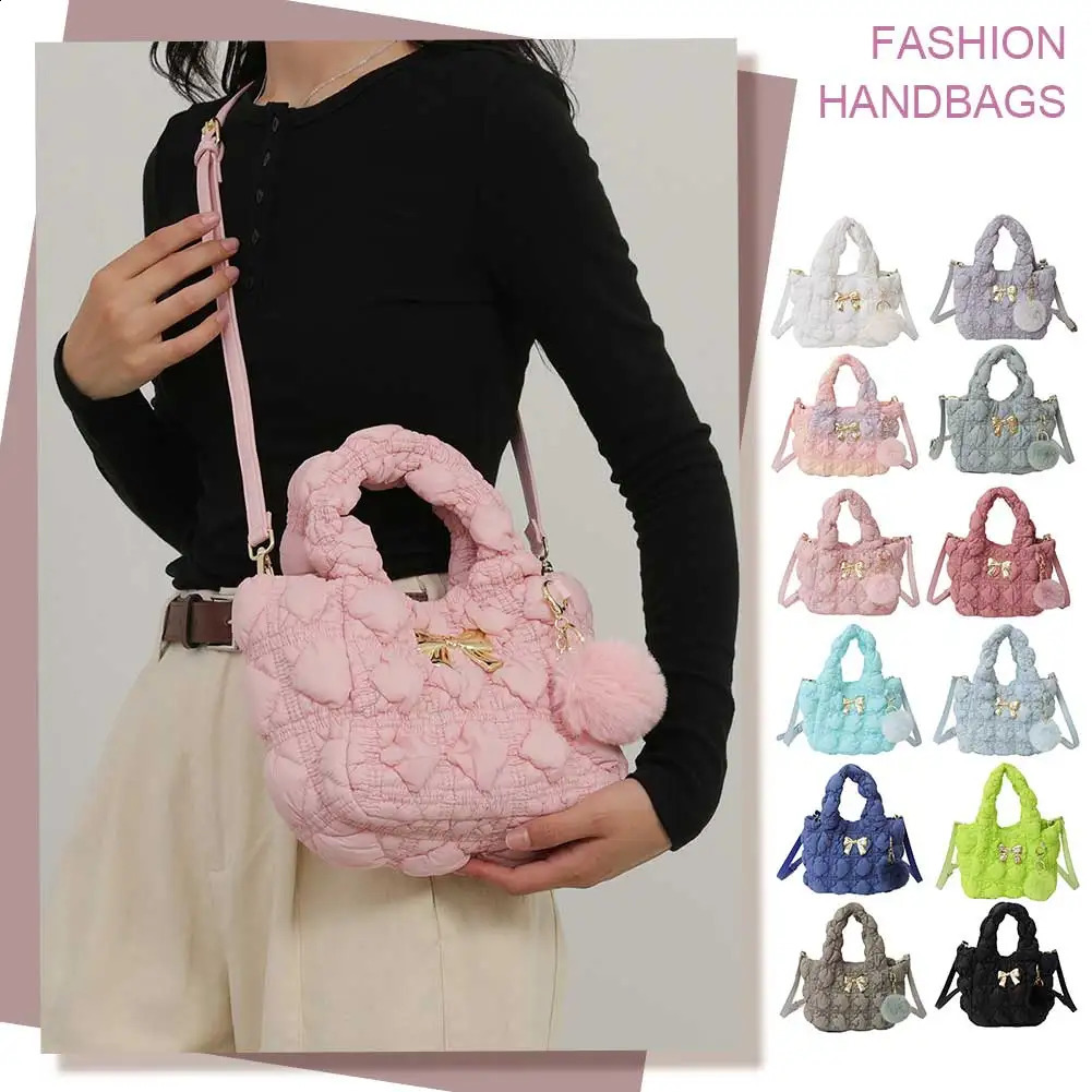 Puffer Shoulder for Women Adjustable Strap Hobo Nylon with Fluffy Ball Handbag Top Handle Purse Travel Shopping Bag 240822 960f