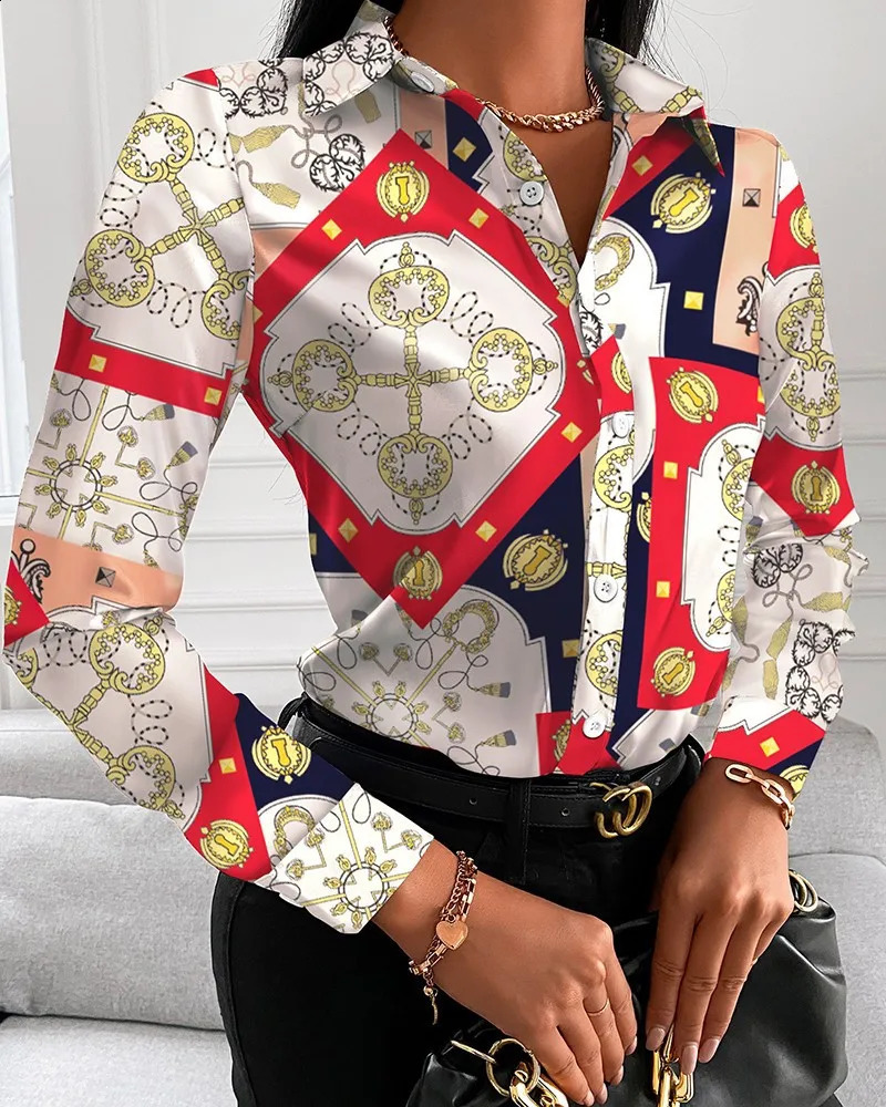 Women Fashion Wild Shirts ChainFloralLetterGeometric Square Print TurnDown Collar Long Sleeve Blouses 240821