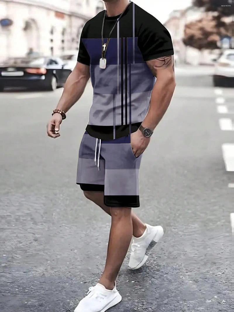 Men's Tracksuits Men Color Block Round Neck Short Sleeve T-Shirt And Drawstring Waist Shorts Casual Set For Summer Retro Style Clothing