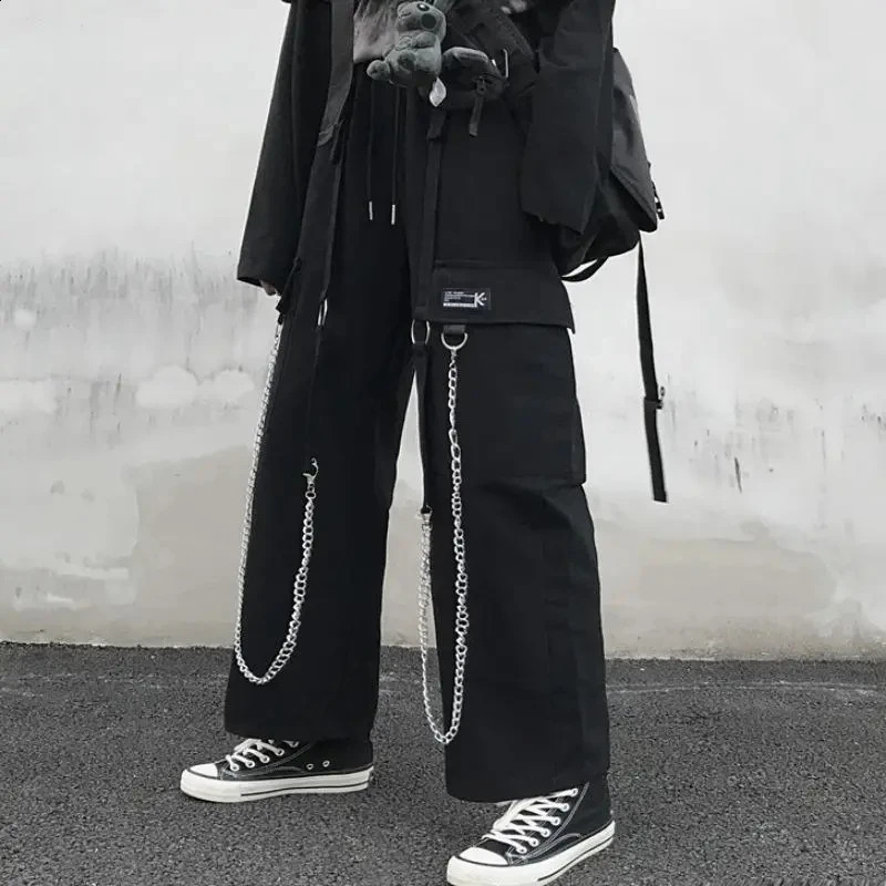 Black Cargo Pants Men Streetwear Hip Hop Wide Sweatpants With Chain Baggy Vintage Punk Harem Trousers Elastic Waist Pantalones 240822
