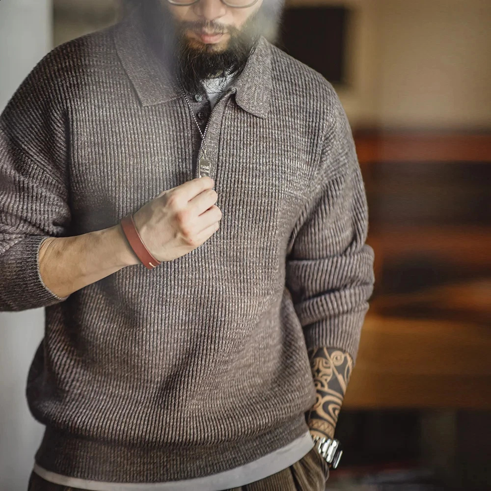 Madden vintage knitted polo shirt loose coffee colored lapel sweater autumn mens style Uncle Fu parachuting casual knitting 240829