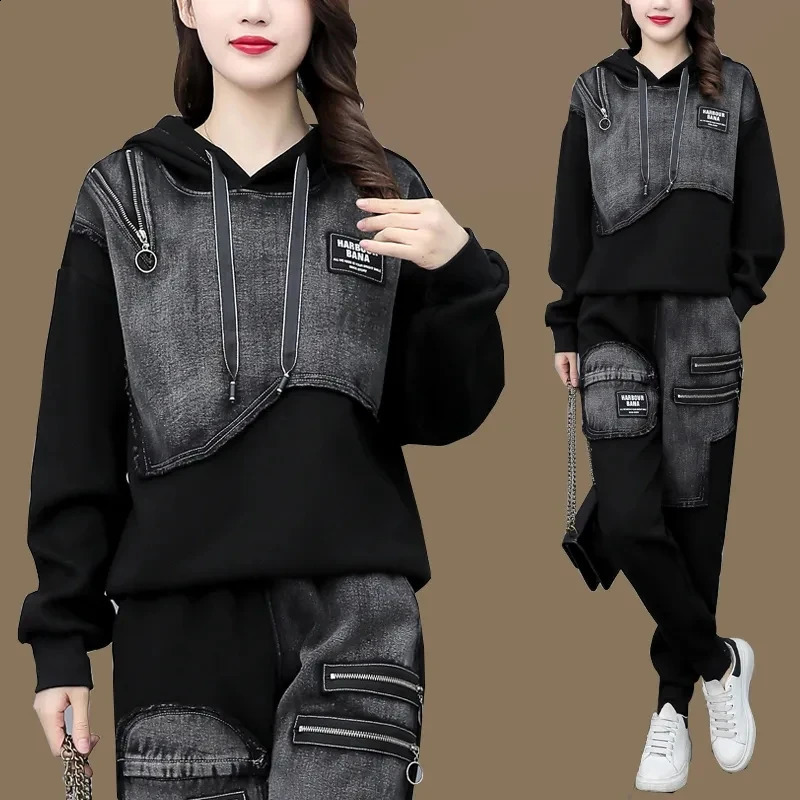 Sportswear Set Women Spring and Autumn Fashion and Westernization Casual Slim Denim Sweatershirt Two Piece Suits Female 240813