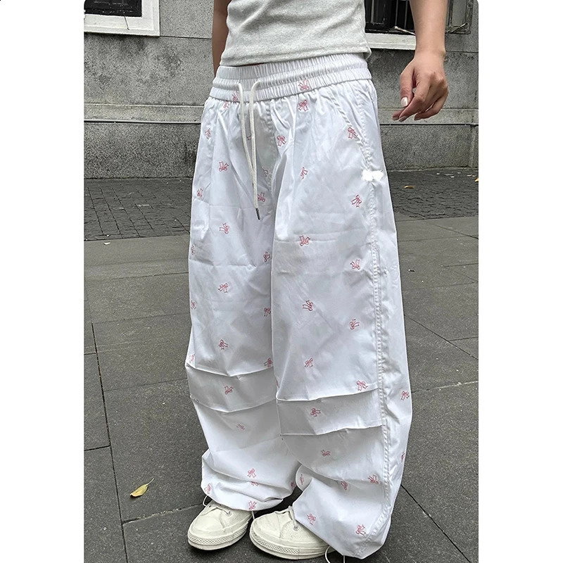 Summer Y2k Parachute White Pants Women Streetwear Fashion Baggy Bows High Waist Casual Sweatpants Hip Hop Slouchy Sport Joggers 240821