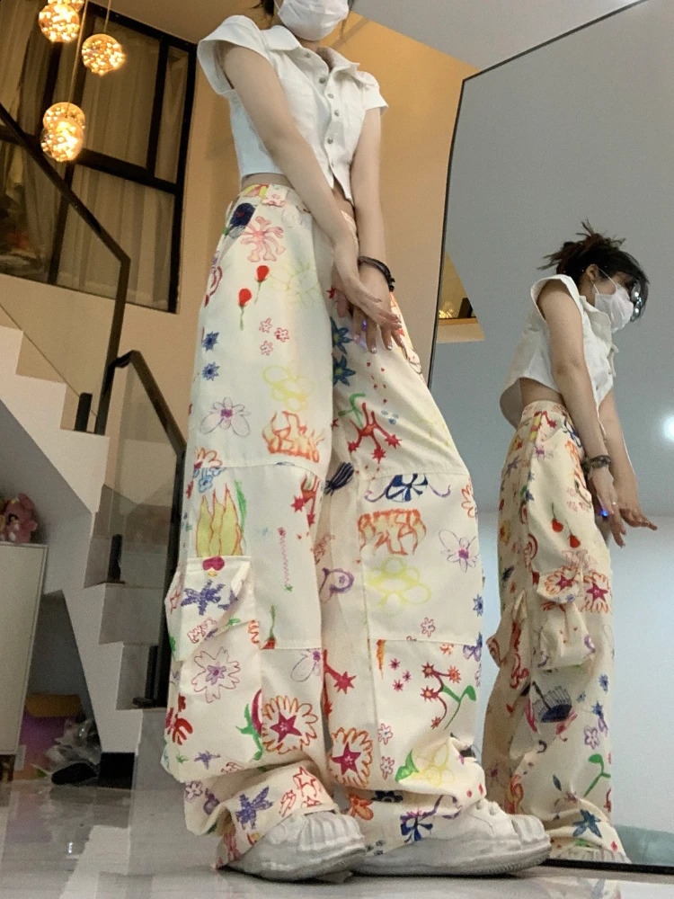 ADAgirl Vintage Baggy Cargo Pants Women Y2k Fashion Straight Flower Pattern Low Waist Casual Sweatpants Hip Hop Slouchy Trousers 240821