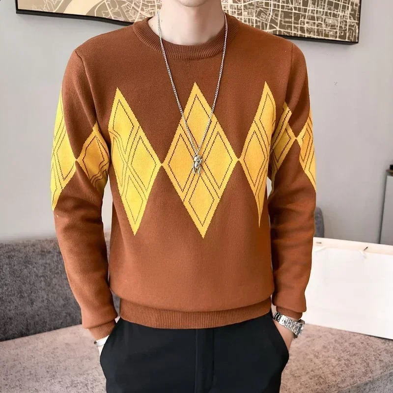 Knitted Sweaters for Men Pullovers Plaid Man Clothes Argyle Crewneck Round Collar Green Maletry Sweatshirts Thick Winter A Baggy 240821