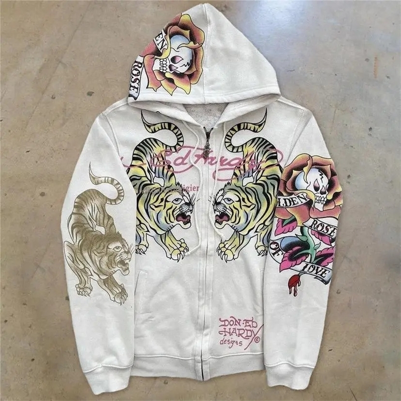 American retro hooded sweater for men and women couple models skull lazy wind print hooded long-sleeved zipper hooded sweater 240821