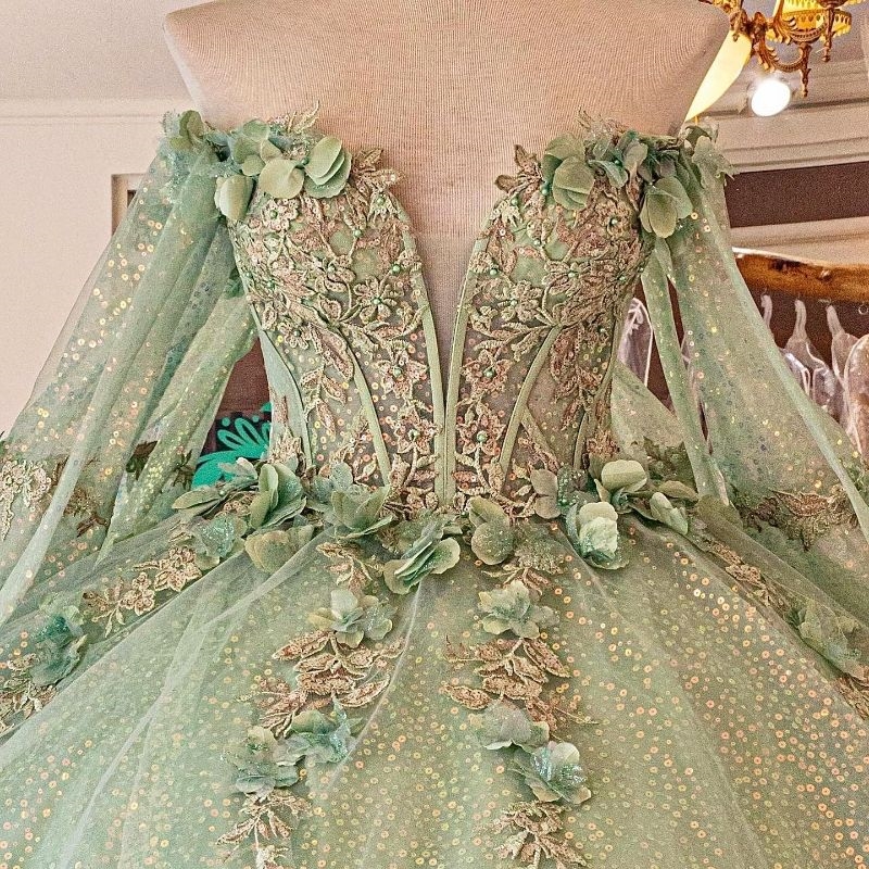 Sage Green Sequin Princess Quinceanera Dresses Applique Flower Beads With Cape Corset Sweet 16 Dress Birthday Vestidos De 15 Anos