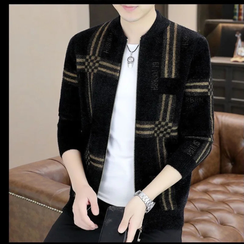 Mens Clothing Temperament Versatile Autumn and Winter Korean Version Fashion Zipper Print Round Neck Long Sleeve Sweater 240821