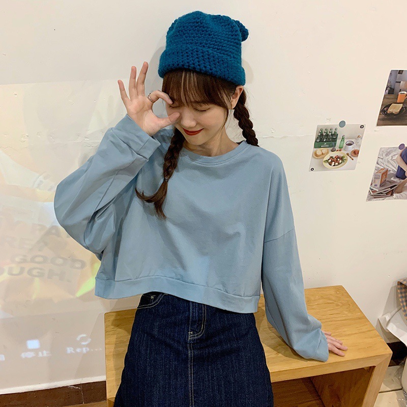 Solid color short hoodie for women Spring and Autumn season new Korean version loose fit slimming thin jacket long sleeved top dongdumaoyi