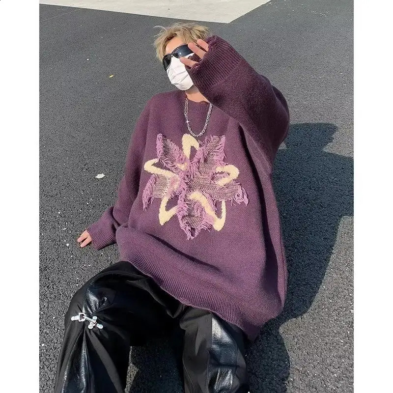 Thickened Sweater Men Purple Knitted Harajuku Sweater Autumn And Winter n Sense Top Long Sleeve Jumper Star Pattern 240821