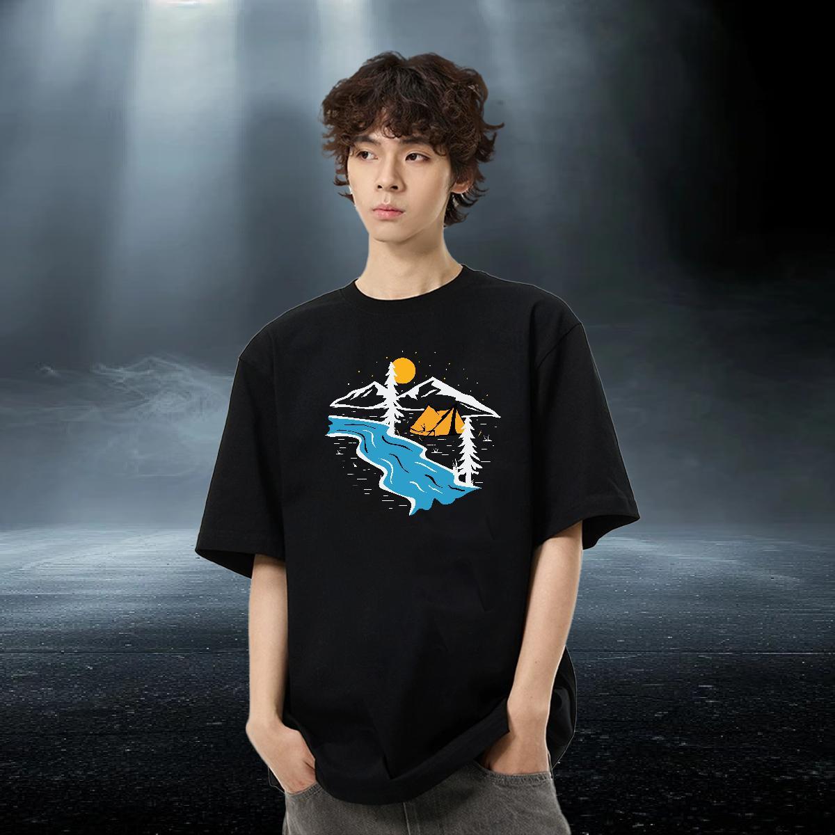 Classic Couples T Shirts Daily Wear 230g 100% Cotton Cartoon Print Pure Cotton mountains T Shirts Men Fashion Casual Tee Shirt