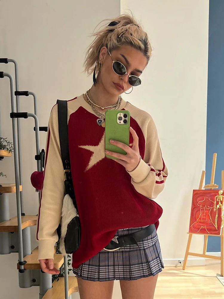 Rockmore Y2K Star Graphic Loose Sweaters Autumn Winter Harajuku Vintage Jumper Top Women Casual Long Sleeve Pullover 90s Grunge 240821