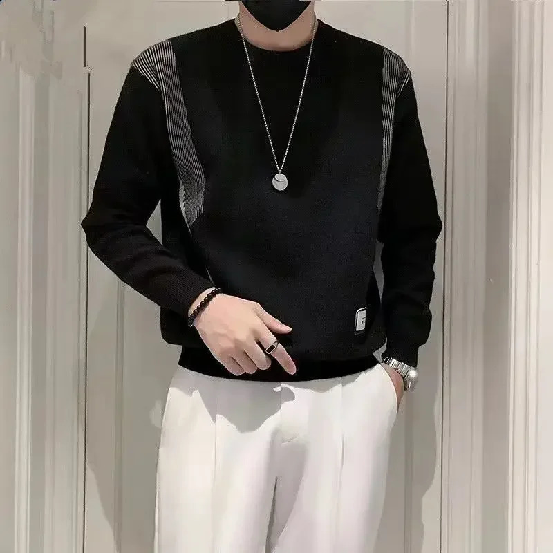Mens knitted sweater striped round neck mens clothing latte icon blue Crewneck Maltry Spring Autumn Order Sweater X 240821