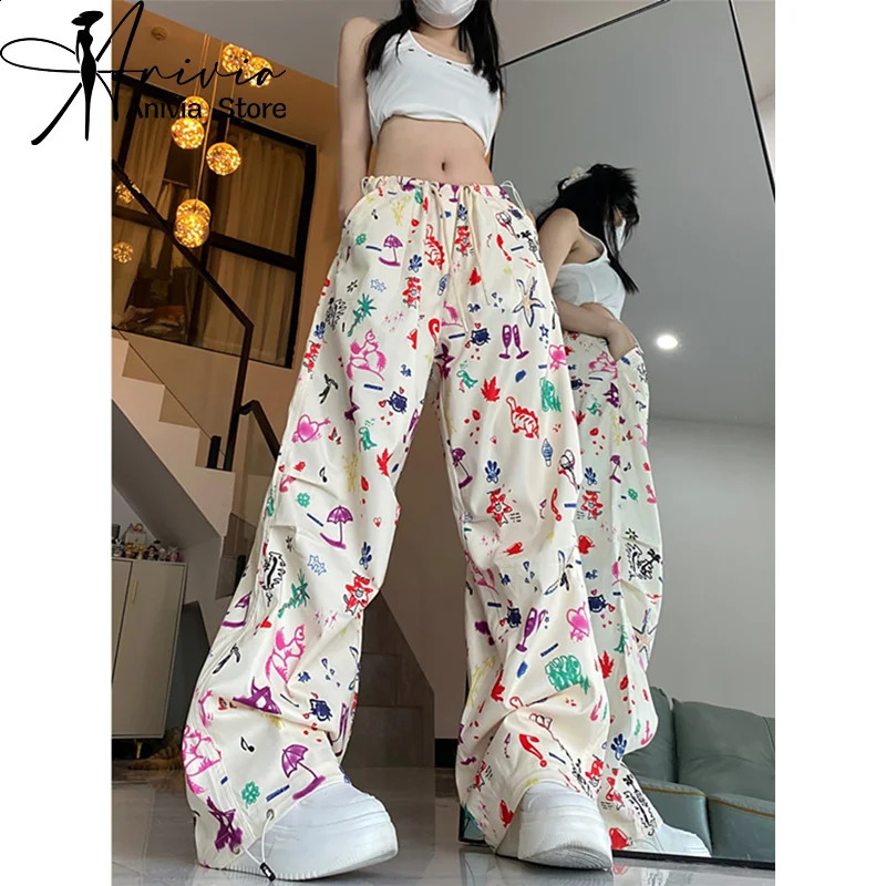 Y2K Pant Women Drawstring Pockets Graffit Wide Leg Chic Punk Pants Baggy Striped Sports Sweatpants Parachute Jogger Trousers 240821