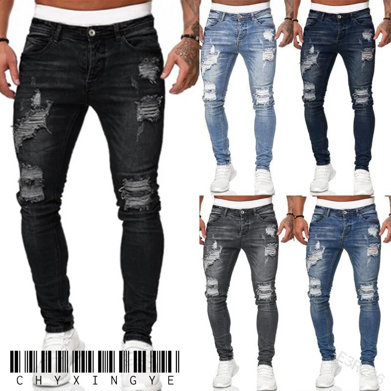 Mens Skinny Ripped jeans Slim scarification Blue Denim Pencil Pants Street hip-hop denim trousers fashion cowboy clothing men 240821