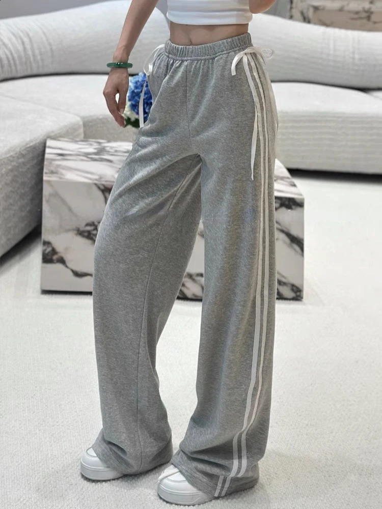 QWEEK Y2k Striped Sweatpants Women American Retro Gray Sports Pants Sweet Bow Bandage Low Waist Casual Straight Leg Trousers 240821