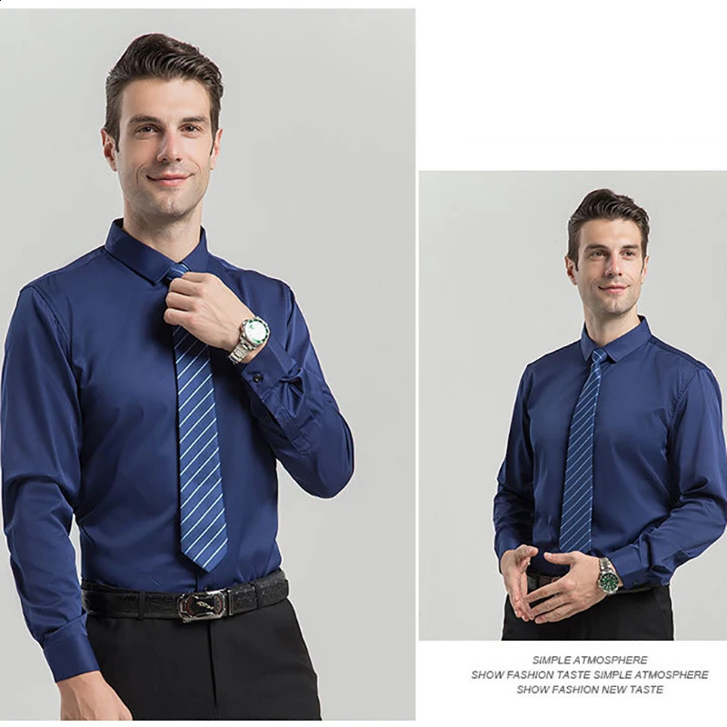 Slight Elasticity Mens Long-sleeved Business Casual Shirt Solid Color Slim Non Iron Dress Shirts Plus size 240822