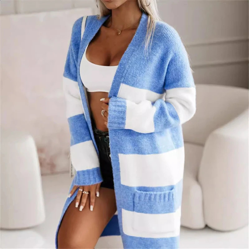 Fashion Clashing Patchwork Cardigan Jacket Autumn Women Casual Loose Sweater Coat Winter Elegant Long Sleeve Long Knitted Coats 240813