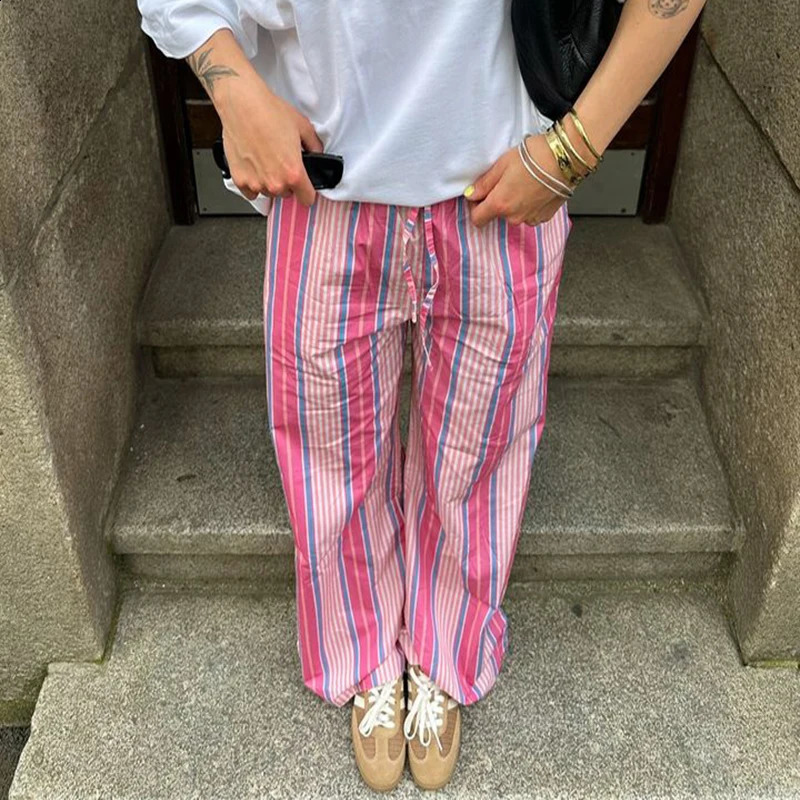 Rapcopter y2k Striped Pants Women Vintage Pink Shirring Streetwear Casual Trousers Harajuku England 90s Aesthetic Pants French 240821