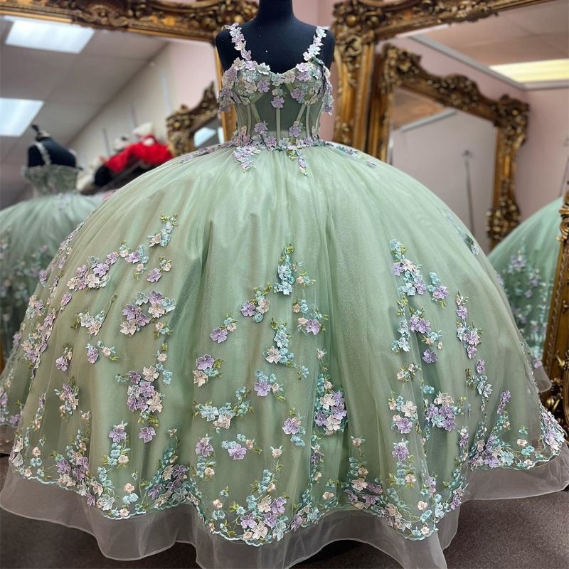 Sage Green Sweetheart Quinceanera Dresses Ball Gown 3D wers Applique Tull Puffy Dress Sweet 16 Birthday Debut vestido de charra 15 anos