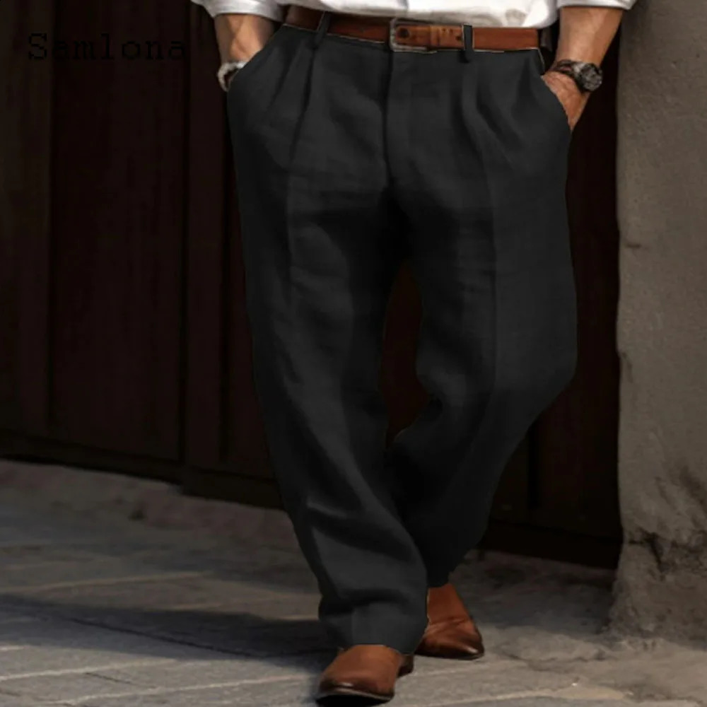 Samlona Men Casual Straight Linen Pants Solid Khaki White Stand Pocket Trousers Plus Size Mens Elegant Fashion Sweatpants 240822