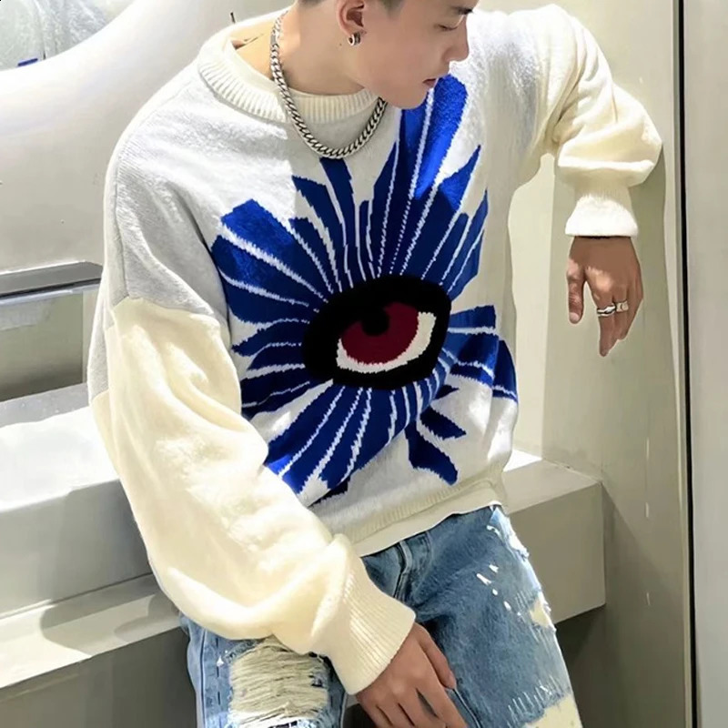 Classic Eye Jacquard Error Home Sweater Mens and Womens Quality Extra Large White Knitted Crewneck with Label Zipper 240821
